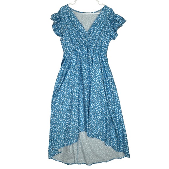 Kohl's Dresses & Skirts - Kohl's Blue V-Neck High Low Short Sleeve Dress White Floral Pattern Women L NWOT